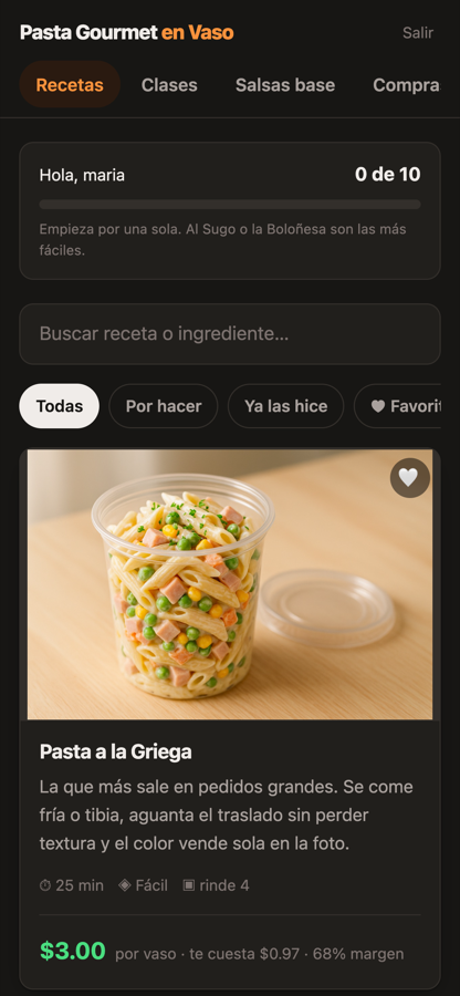 Pantalla de recetas con costo y margen por vaso