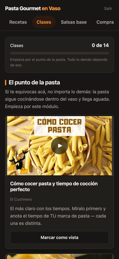 Pantalla de clases en video del recetario