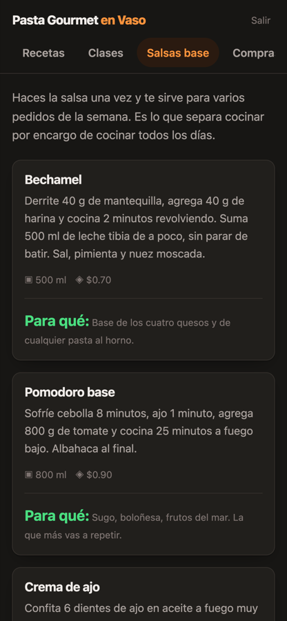 Pantalla de salsas base del recetario